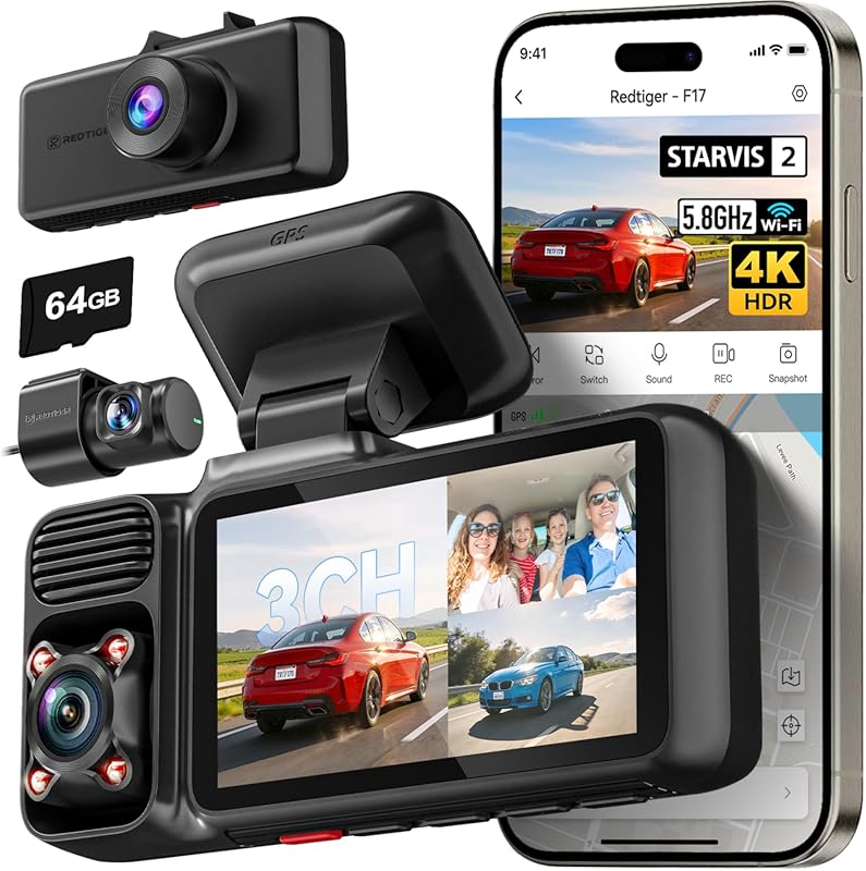 REDTIGER F17 4K 3 Channel Dash Cam with STARVIS 2, HDR, GPS, 64GB Card