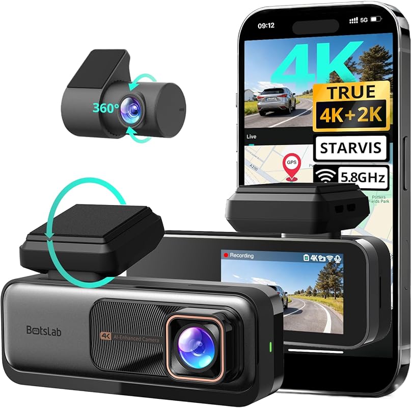 BOTSLAB 4K Front and Rear Dash Cam with ADAS, Night Vision, GPS, WiFi