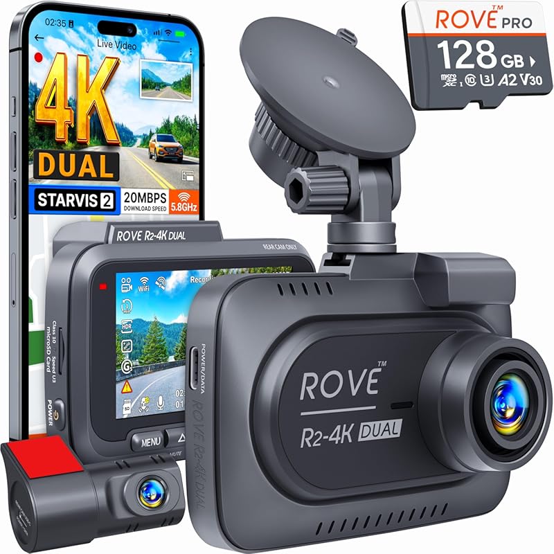 ROVE R2-4K Dual Dash Cam with STARVIS 2, 4K Front Rear, 128GB Card, 5G