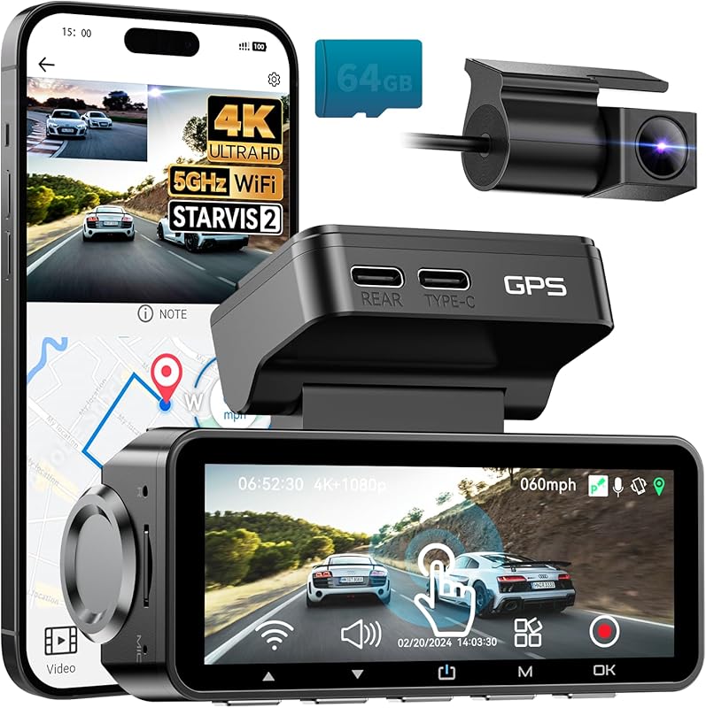 FOCUWAY 4K Front and Rear Dash Cam with Touchscreen, Voice Control, GP