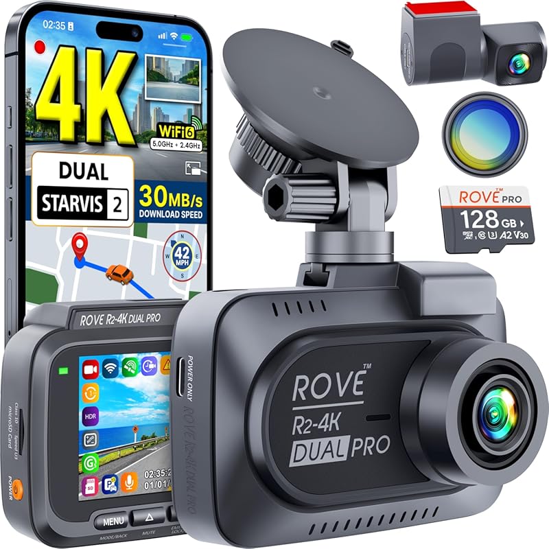 ROVE R2-4K Dual PRO Dash Cam with STARVIS 2, WiFi 6, 128GB Card