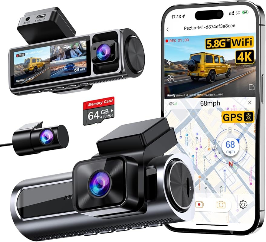 4K 3-Channel Front, Rear, and Interior Dash Cam with WiFi and GPS