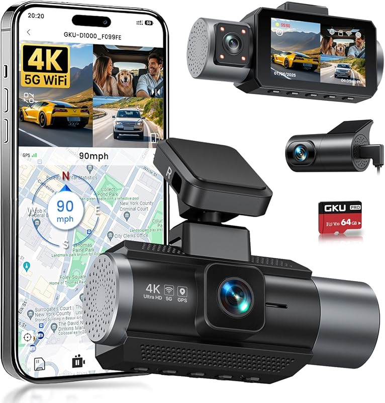 GKU 4K 3 Channel Dash Cam with GPS, 5.8GHz WiFi, IPS Screen, 64GB Card
