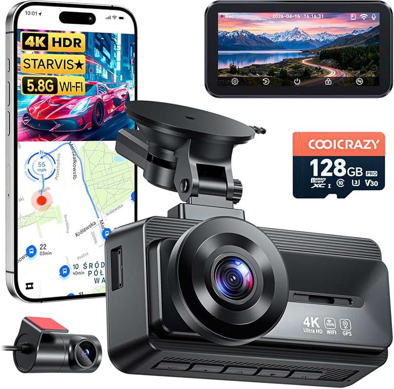 Coolcrazy 4K Front and Rear Dash Cam with STARVIS, GPS, Night Vision