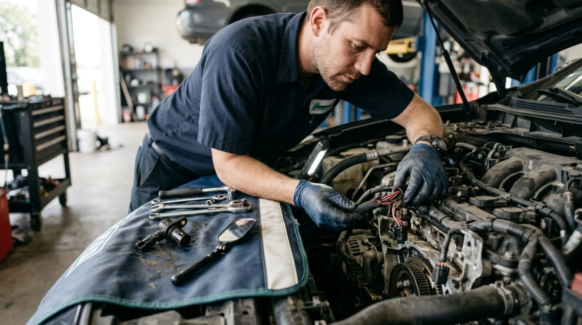 Mechanic inspecting crankshaft sensor wiring and connector while