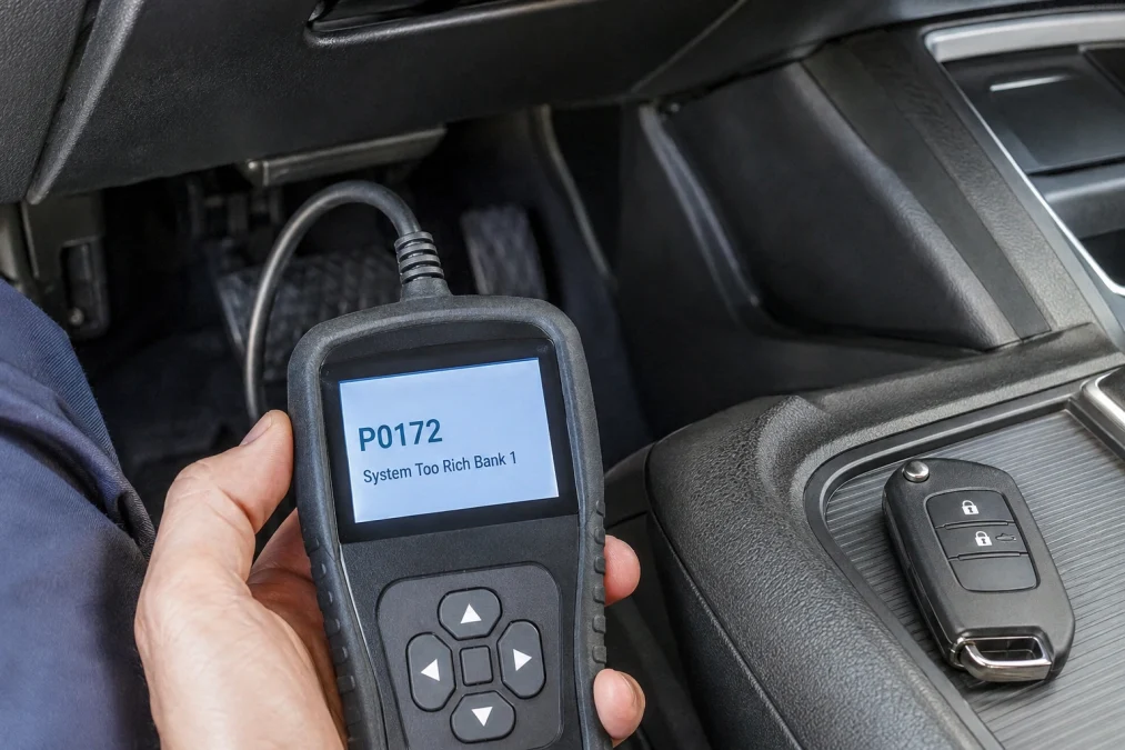 OBD2 scanner showing P0172 causes and System Too Rich Bank 1 code
