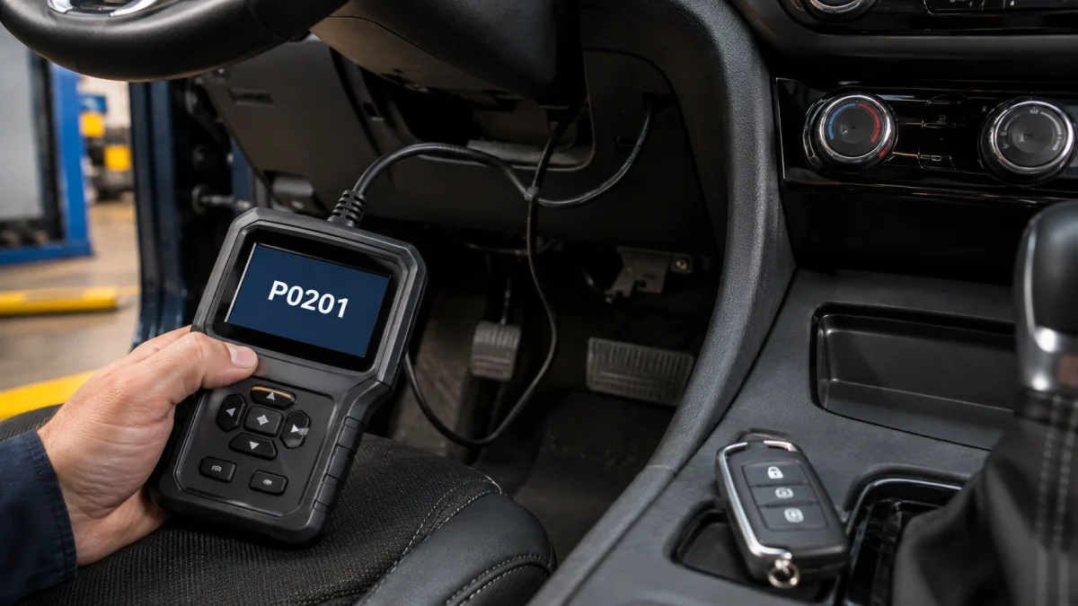 OBD2 scanner showing how to fix P0201 injector circuit code