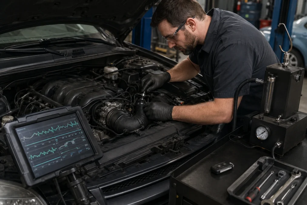 Technician inspecting engine for vacuum leaks causing P0174 symptoms