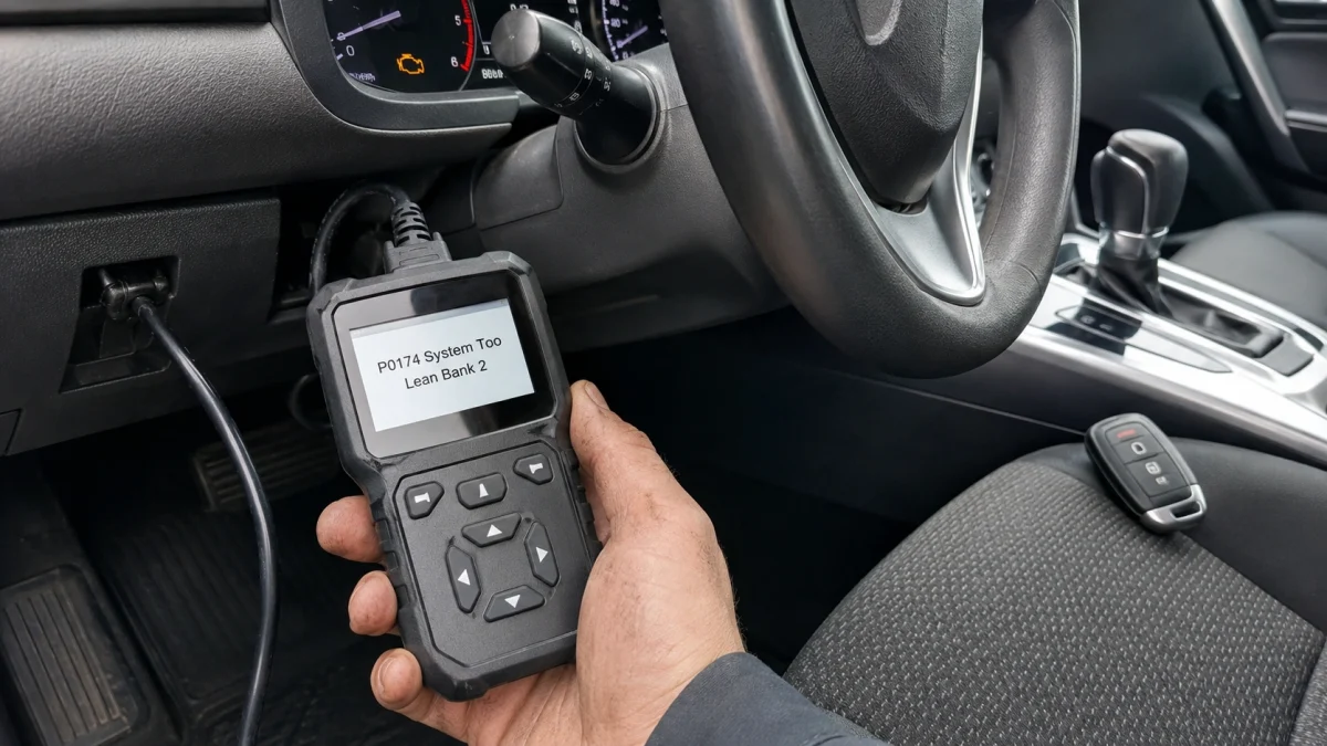 OBD2 scanner showing how to fix P0174 System Too Lean Bank 2