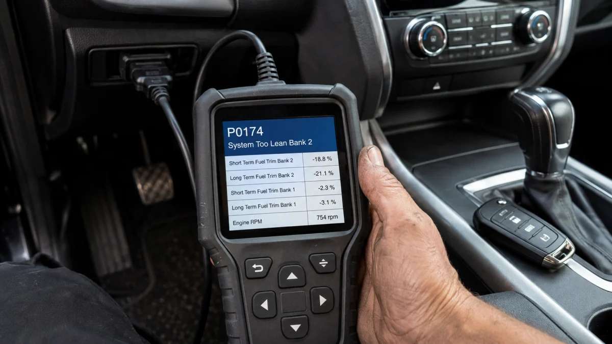OBD2 scanner displaying P0174 repair cost diagnostic information