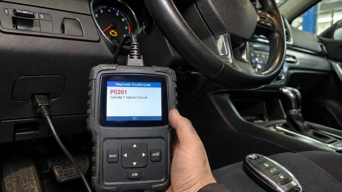OBD2 scanner showing what does P0201 mean inside a modern vehicle