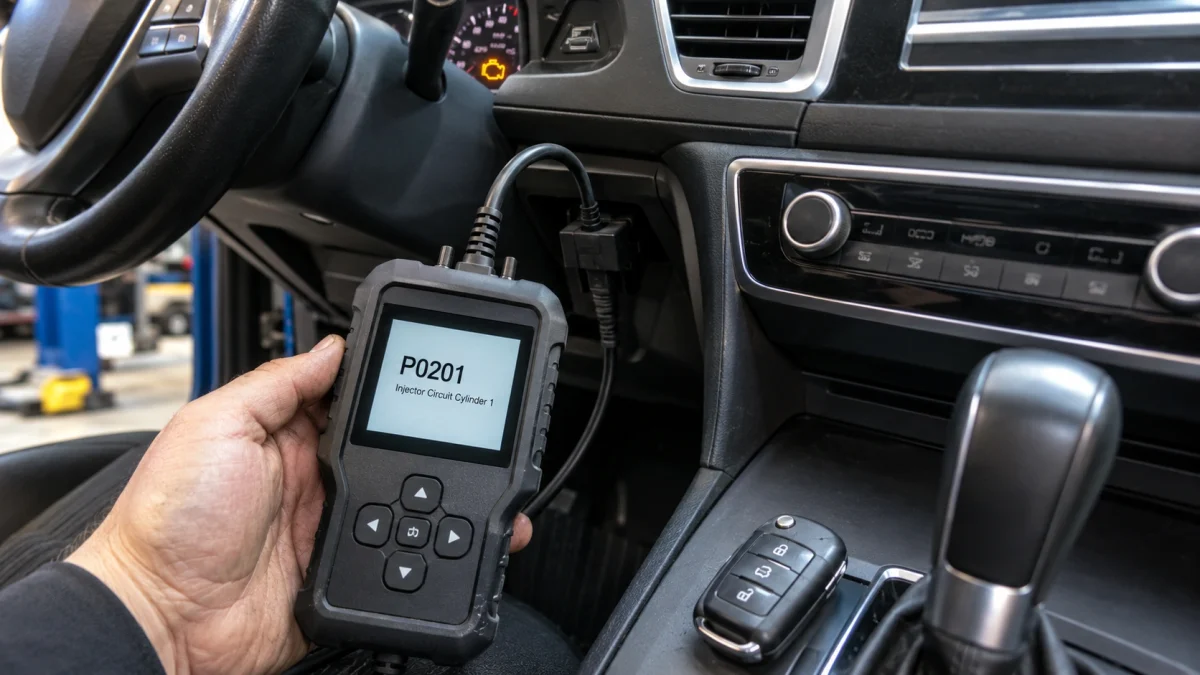OBD2 scanner showing P0201 symptoms and cylinder 1 injector circuit code