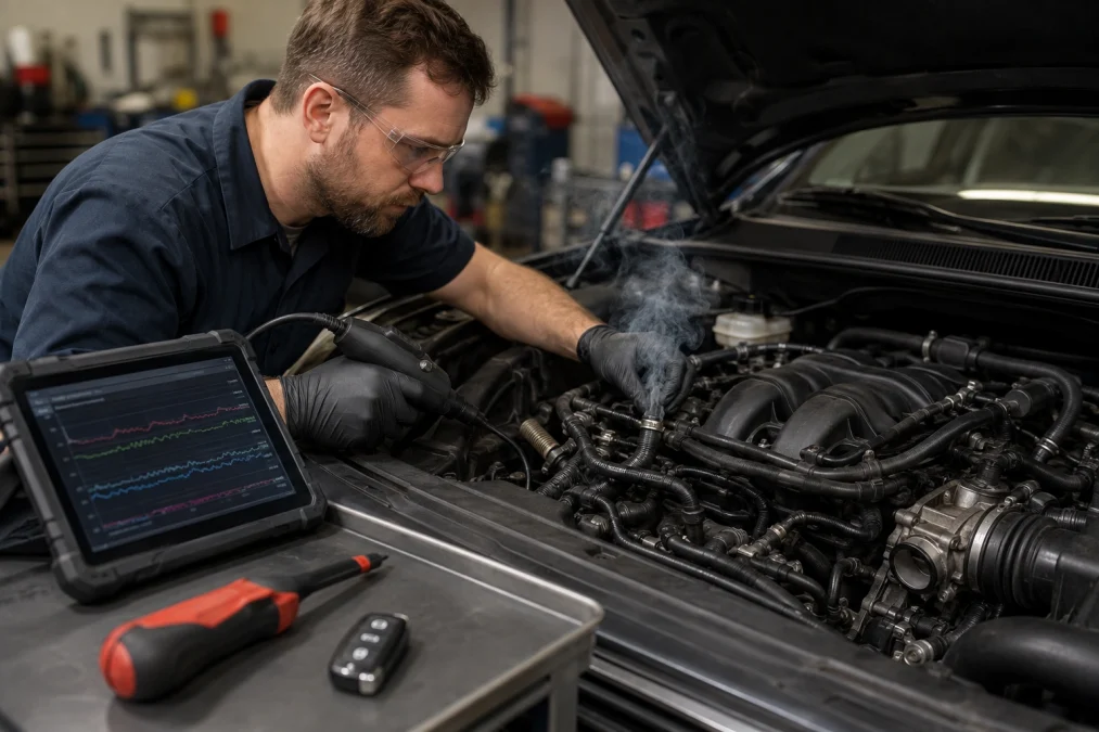 Technician diagnosing P0174 lean condition beside a secured car key fob