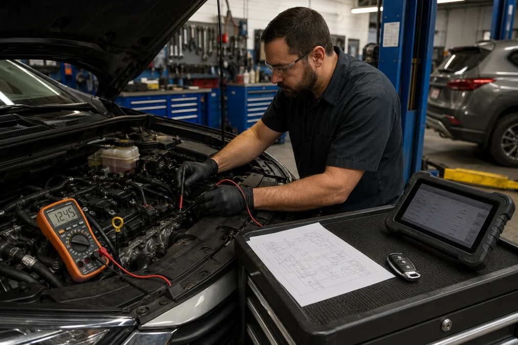 Technician diagnosing P0201 cylinder 1 injector circuit wiring problem