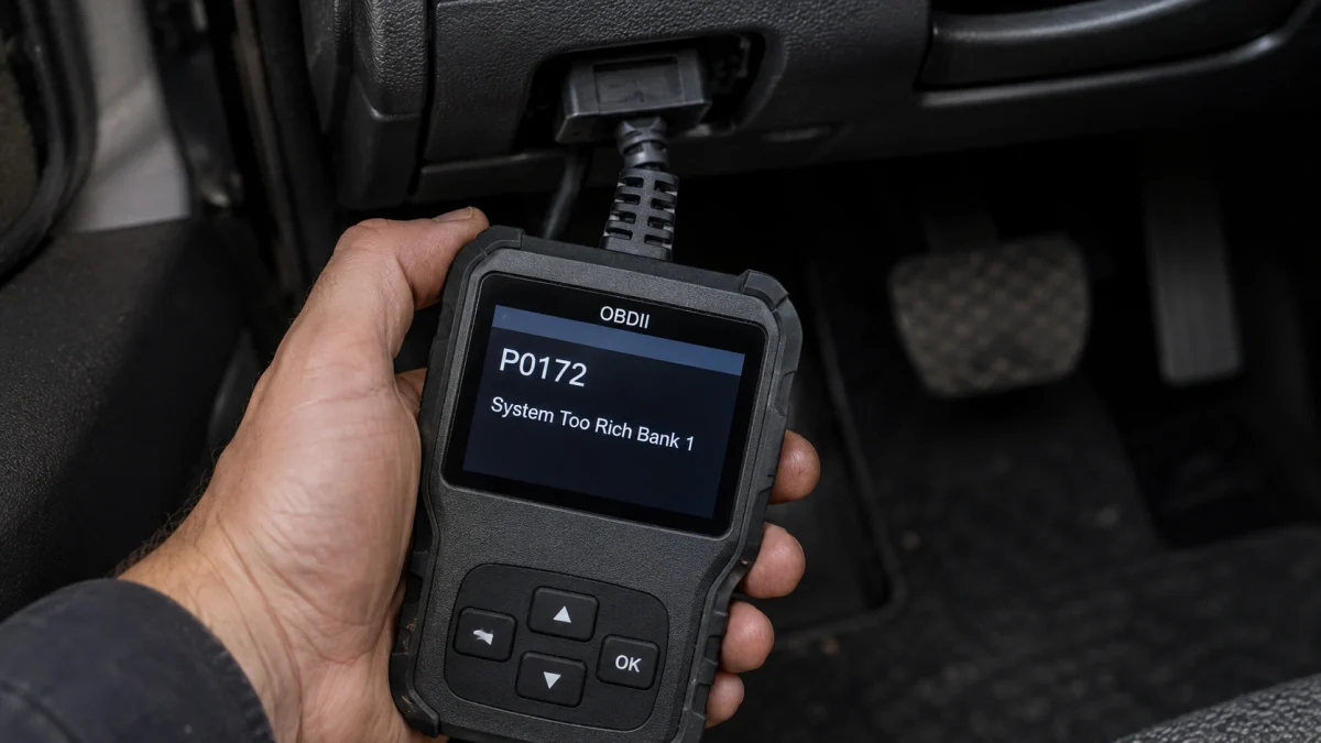OBD2 scanner showing how to fix P0172 system too rich Bank 1
