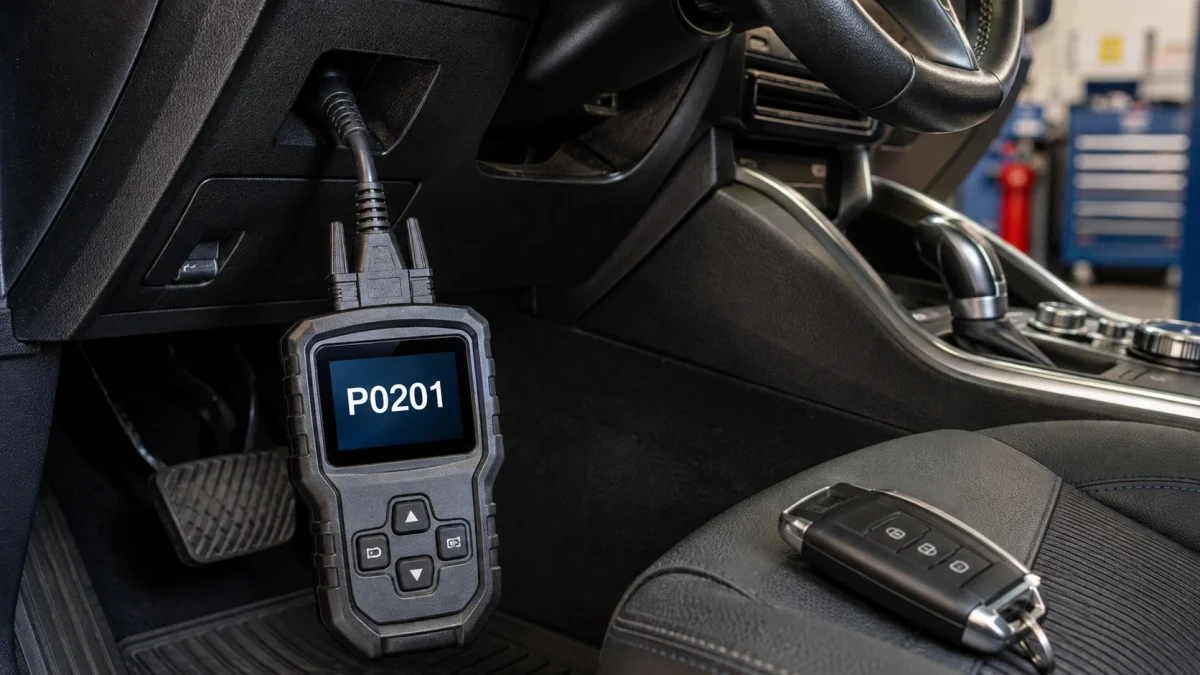 OBD2 scanner displaying P0201 repair cost diagnosis beside a car key fob