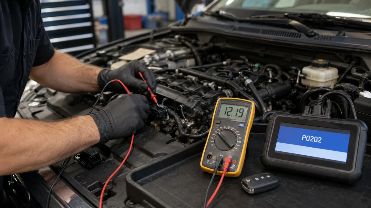 P0202 repair cost diagnosis with OBD2 scanner and fuel injector testing