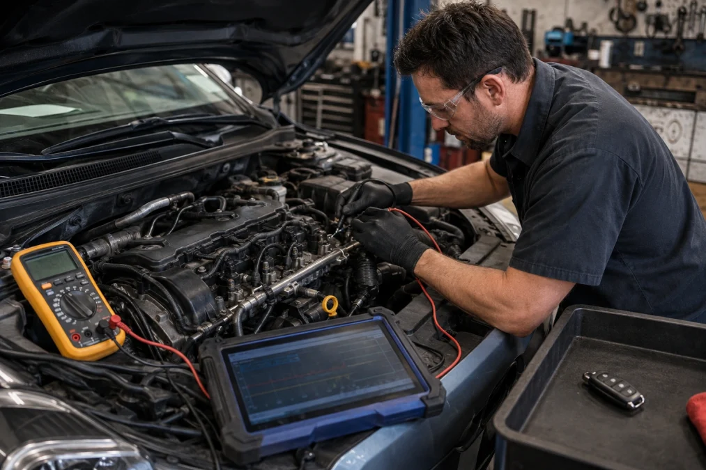 Technician diagnosing P0201 symptoms at cylinder 1 fuel injector connector