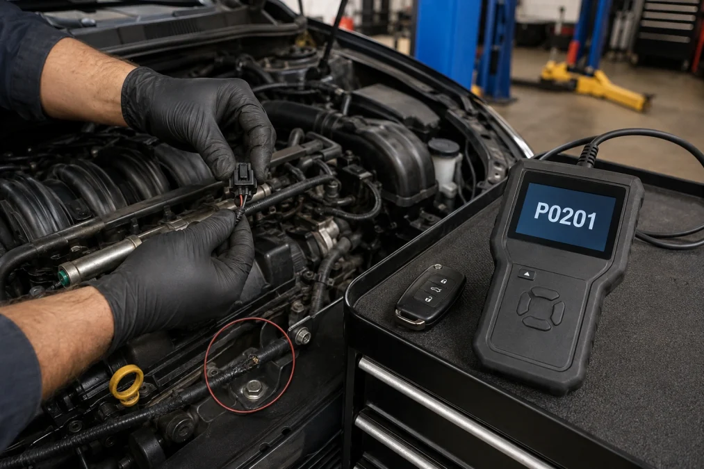 P0201 causes involving damaged cylinder 1 fuel injector wiring and connector