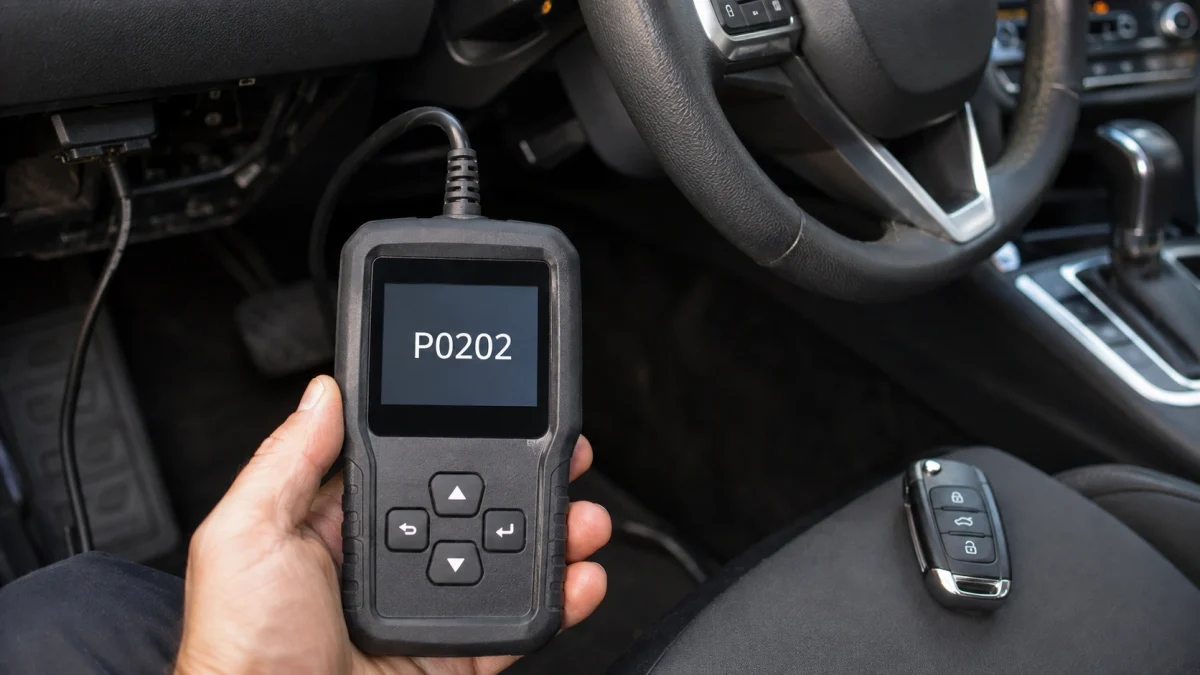 P0202 causes shown on an OBD2 scanner with car key fob on center console