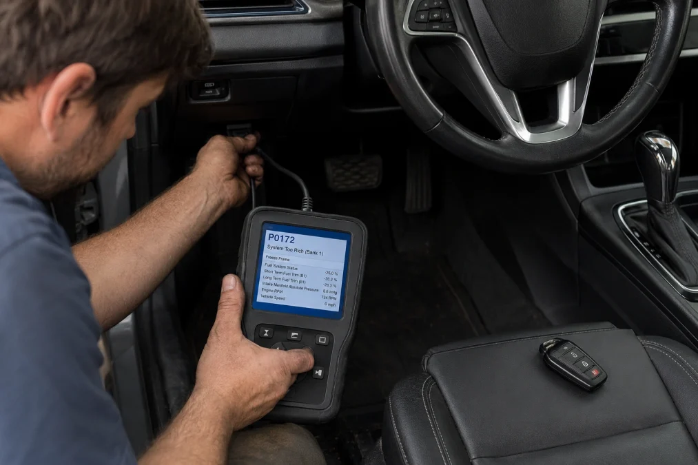 Technician checking P0172 repair cost with an OBD2 scanner