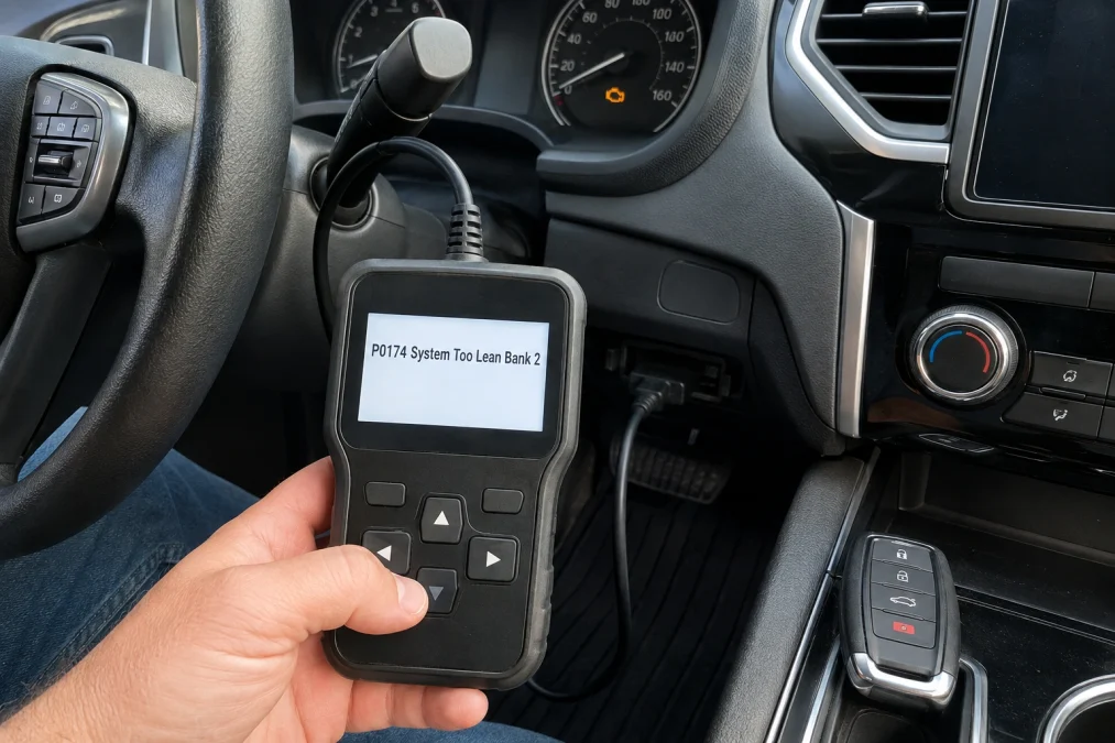 OBD2 scanner showing what does P0174 mean on a vehicle dashboard