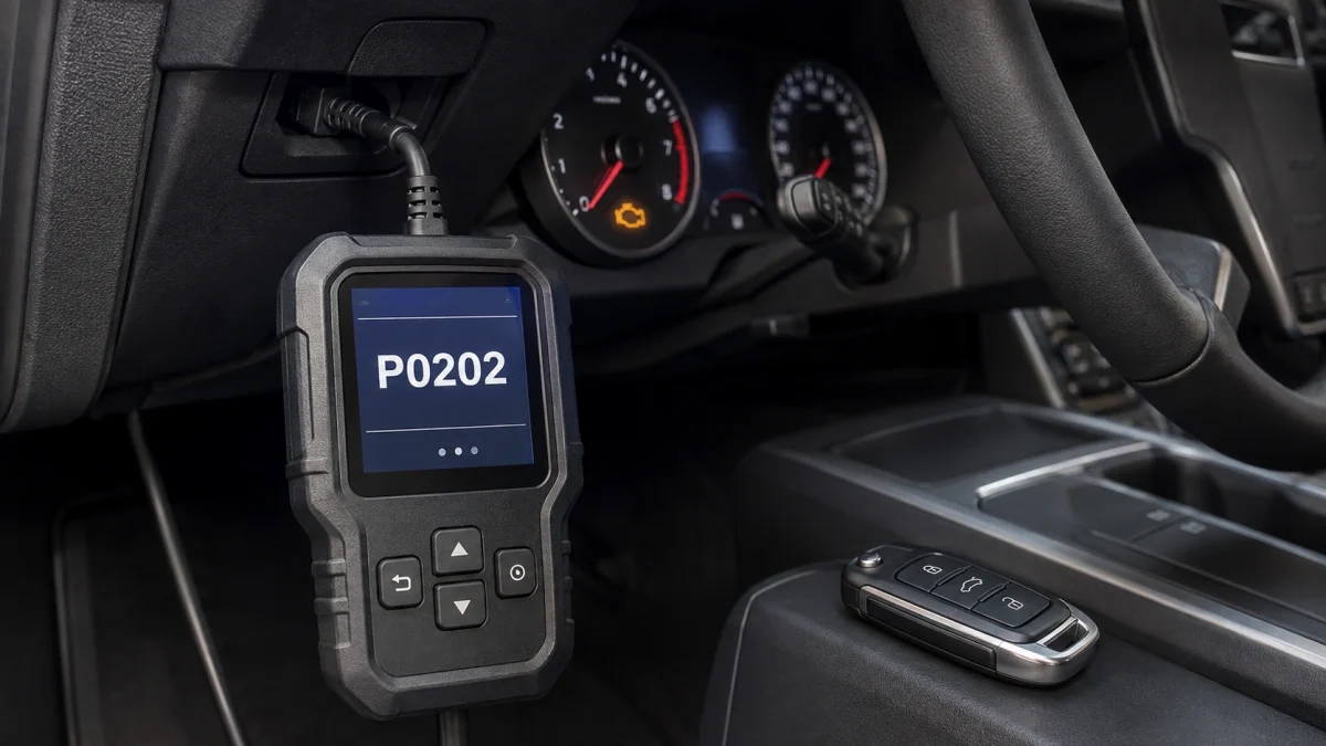 P0202 symptoms displayed on an OBD2 scanner inside a car