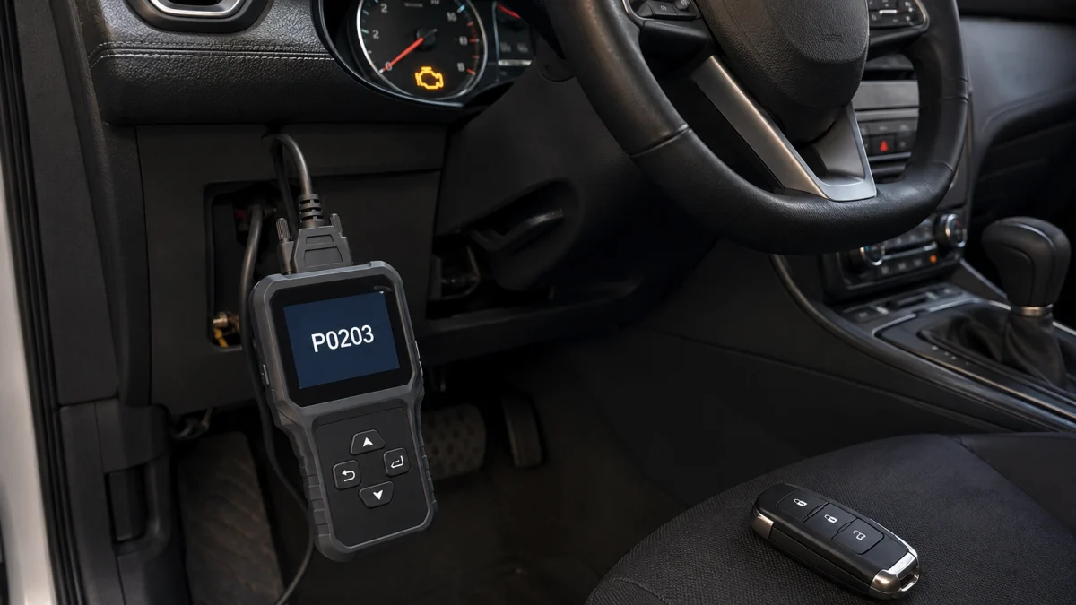 OBD2 scanner showing P0203 while a key fob rests nearby