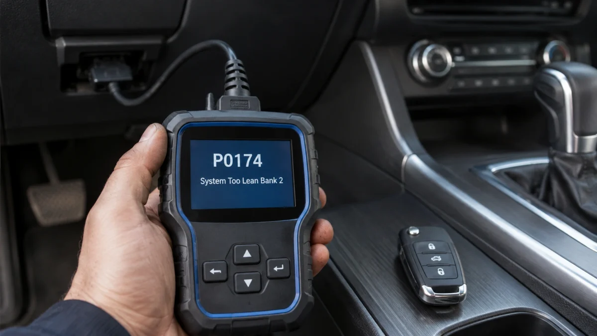 OBD2 scanner displaying P0174 symptoms and System Too Lean Bank 2