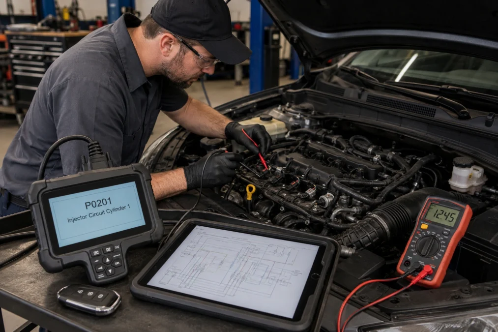 Testing injector power, pulse, and wiring helps identify the real P0201 cause.