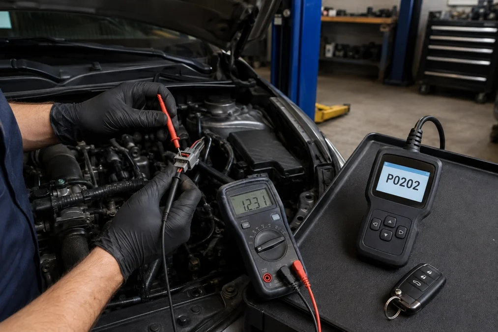 P0202 causes diagnosis with technician testing fuel injector connector