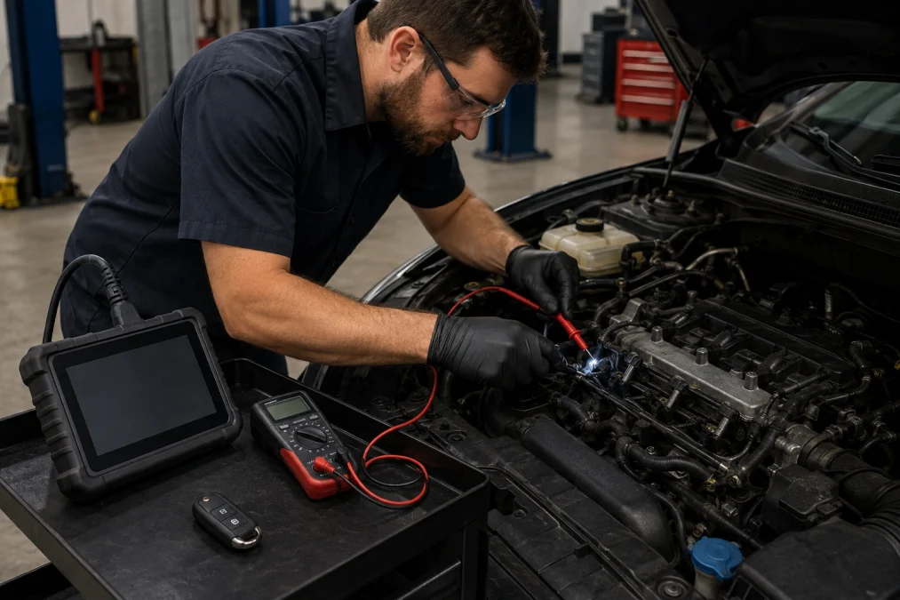 Technician testing cylinder 1 injector wiring to fix P0201