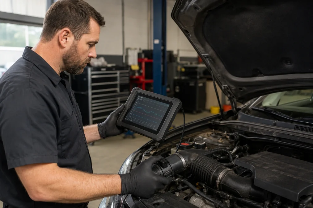 Mechanic using OBD2 live data to diagnose and fix P0172