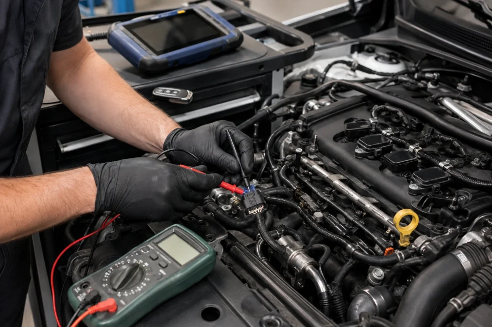 Technician diagnosing P0202 cylinder 2 injector circuit symptoms