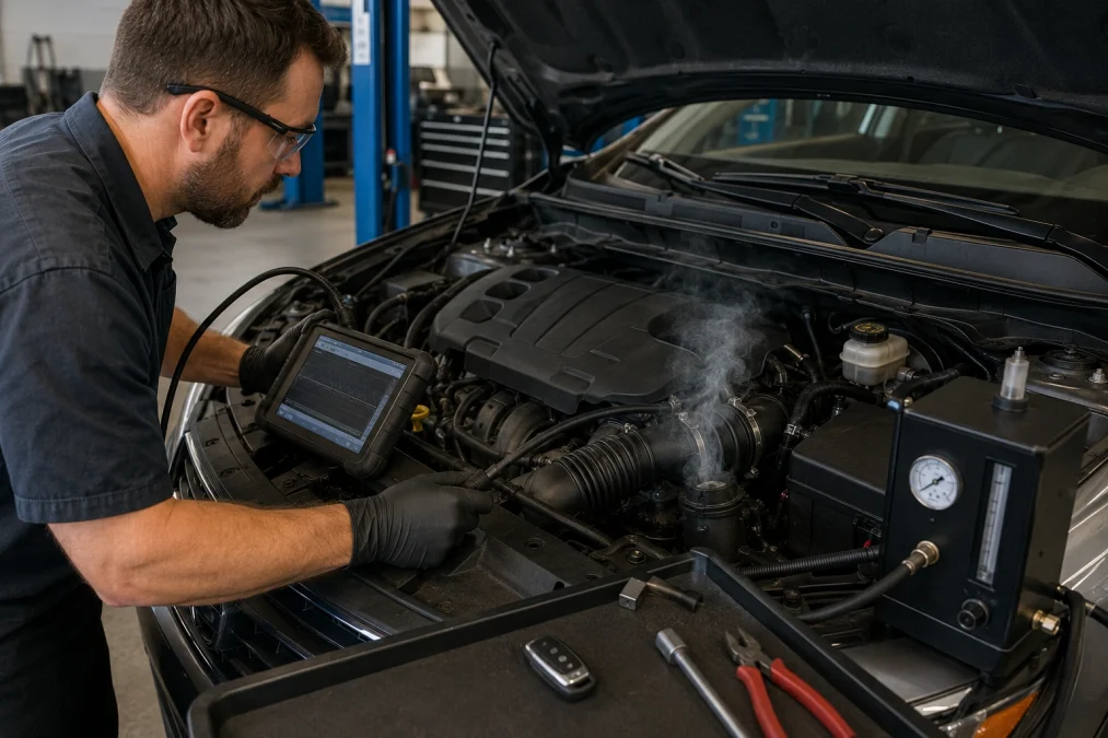 Mechanic diagnosing P0174 System Too Lean Bank 2 under the hood