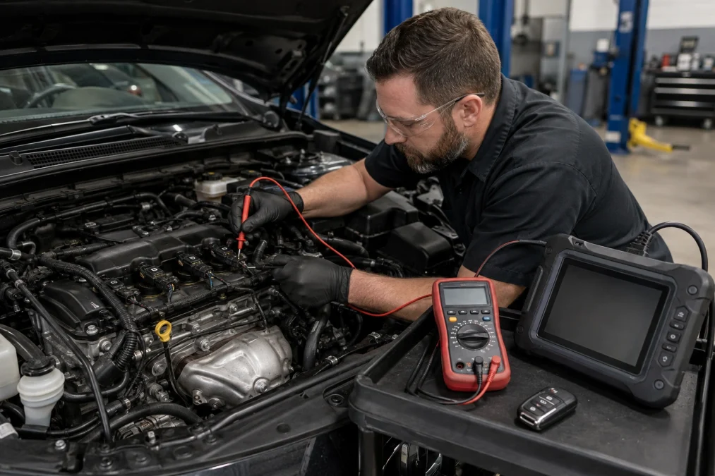 P0203 symptoms diagnosis with technician testing fuel injector wiring