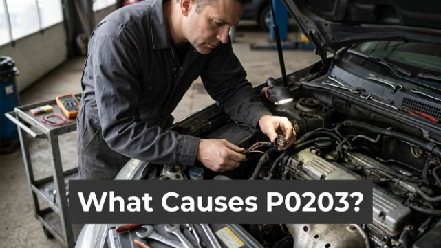 Mechanic inspecting damaged injector wiring and connector for common P0203 causes.