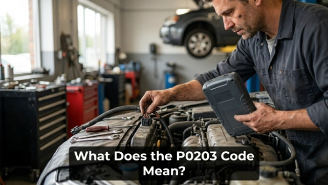 Mechanic tracing the cylinder 3 injector circuit associated with the P0203 trouble code.
