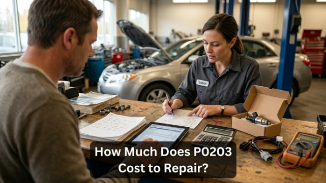 Service advisor explaining P0203 repair costs for injector, connector, wiring, and diagnostic work