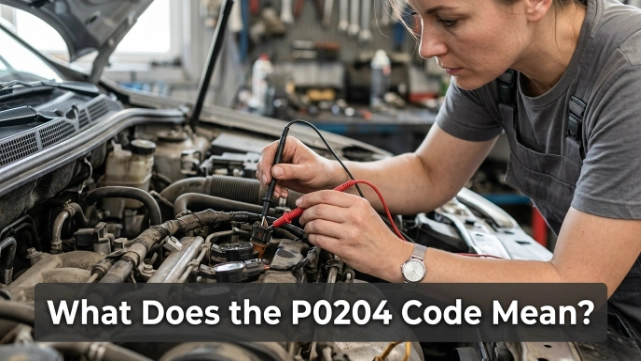 Technician testing the cylinder 4 fuel injector connector associated with diagnostic code P0204.