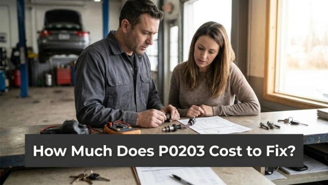 Service advisor explaining estimated P0203 repair costs for injector, wiring, relay, or PCM work.
