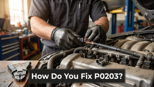 Technician repairing a confirmed broken cylinder 3 injector wire to resolve the P0203 code.