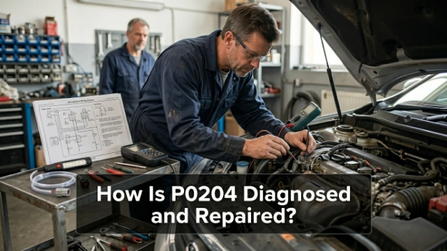 Technician diagnosing P0204 with an OBD2 scanner, multimeter, and injector circuit tests