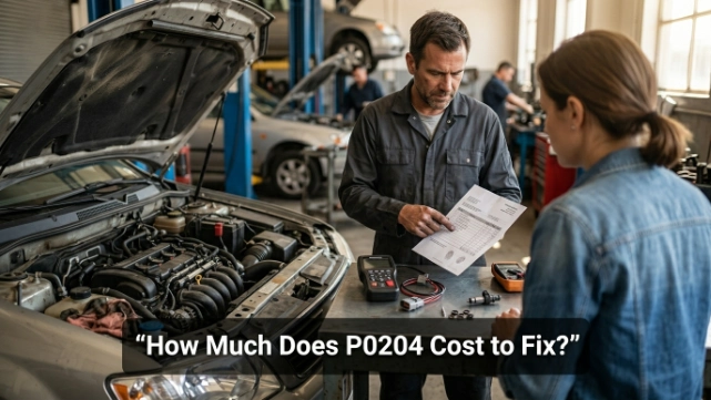 Service advisor reviewing P0204 diagnostic, wiring, injector, and PCM repair costs with a vehicle owner.