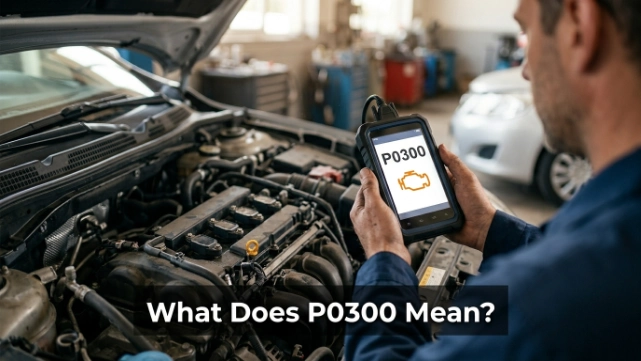 OBD2 scanner showing P0300 beside an open engine with multiple ignition coils