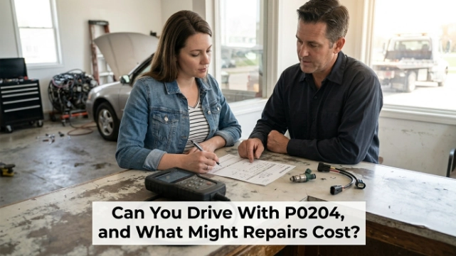 Vehicle owner reviewing P0204 repair costs and driving risks with an automotive technician
