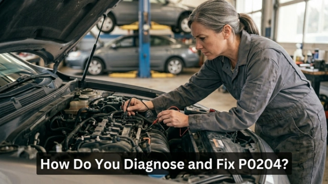 Technician diagnosing P0204 with a scanner, wiring diagram, and digital multimeter