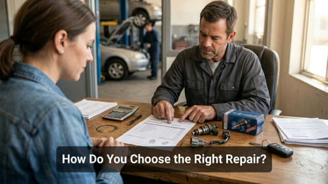 Vehicle owner reviewing P0204 test results, parts, warranty, and an itemized repair estimate.