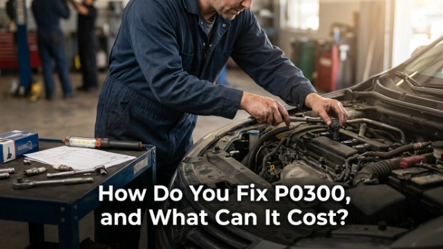 Technician repairing a confirmed P0300 fault beside parts and a written estimate