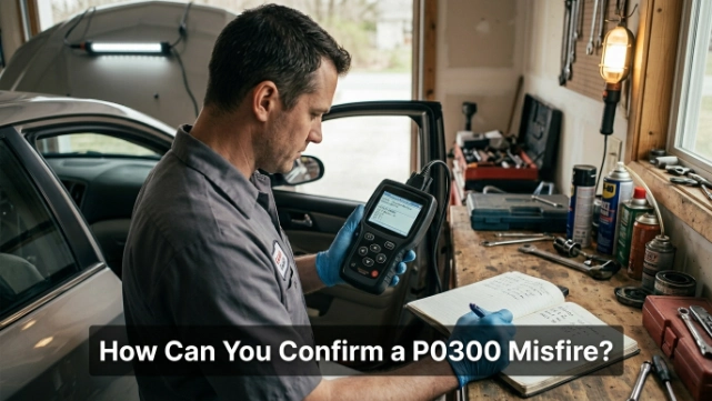 Car owner reviewing OBD2 codes, freeze-frame data and live readings to confirm a P0300 misfire